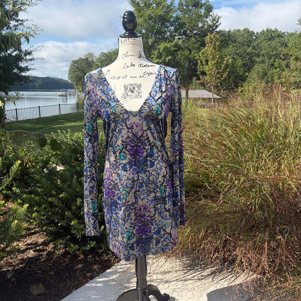 Free People Women's Large Blue Purple Burnout Velvet Long Sleeve Mini Dress Boho